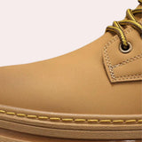 Tan high-top work boots for men made of waterproof leather with metal eyelets and a sturdy sole.