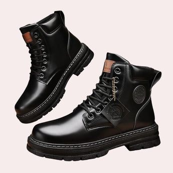 Men's waterproof tan leather high-top work boots.