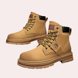 Men's waterproof tan leather high-top work boots in size 47, featuring durable brown material and designed for outdoor and walking activities.