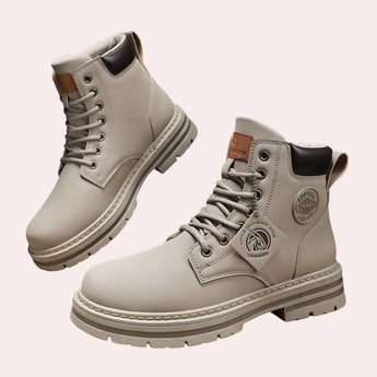 Men's waterproof high-top work boots in gray leather, featuring a rugged design suitable for outdoor activities.