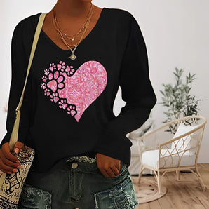 Black animal print heart V-neck sweater for women in size 5XL, featuring long sleeves and a stylish, casual design.