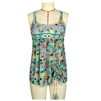 Women's Aqua Floral Print Tankini, Turquoise, Size 2XL, featuring a lightweight sleeveless design perfect for summer.