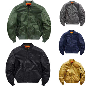 Men's army green MA-1 nylon bomber jacket featuring a military-style design with zip-up closure, long sleeves, and ribbed collar.
