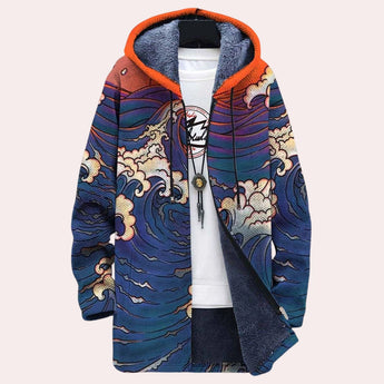 Men's jacket featuring an artistic geometric cat design, in electric blue color, showcasing a collar and long sleeves, tailored for cat lovers, size XL.