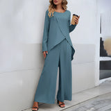 Asymmetric beige pantsuit featuring a casual yet elegant design for women, with a distinctive one-piece silhouette, long sleeves, and a structured collar.