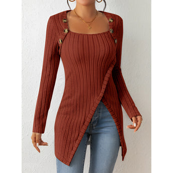 Asymmetrical light brown ribbed long sleeve sweater with button details, featuring a crew neck and a fitted waist, displayed on a mannequin.