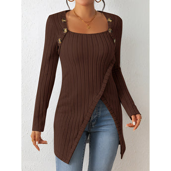 Asymmetrical dark brown ribbed top with button-detail long sleeves, shown in XL size, featuring a stylish collar and designed to fit comfortably around the shoulders and waist.