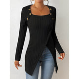 Asymmetrical gray ribbed sweater with button details, featuring long sleeves and a fitted design, displayed in a black color variant, size XL.