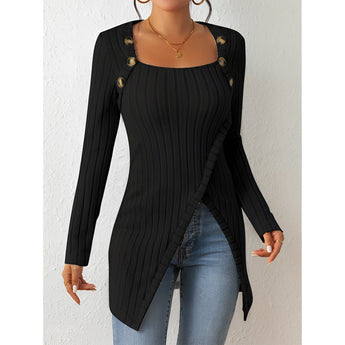 Asymmetrical gray ribbed sweater with button details, featuring long sleeves and a fitted design, displayed in a black color variant, size XL.