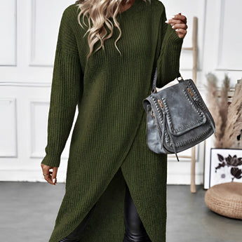 Asymmetrical grey ribbed turtleneck sweater dress showcasing long sleeves and a fitted waist, perfect for winter fashion.