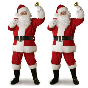 Authentic Deluxe Santa Claus Costume featuring a joyful Santa with a white beard, wearing a traditional red suit and black boots, perfect for celebrating Christmas and spreading holiday cheer.