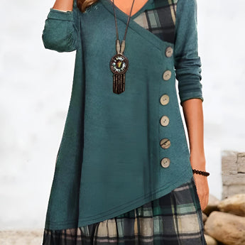 Autumn Fashion V-Neck Black Plaid Tunic Dress with Button Detail featuring a black and grey tartan pattern, long sleeves, and a fitted waist.