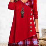 Autumn Fashion V-Neck Black Plaid Tunic Dress with Button Detail featuring long sleeves and a fitted waist.