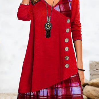 Autumn Fashion V-Neck Black Plaid Tunic Dress with Button Detail featuring long sleeves and a fitted waist.