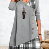 Autumn fashion V-neck black plaid tunic dress with button detail, featuring long sleeves and a comfortable fit, displayed in a stylish pose against a neutral background.