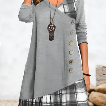 Autumn fashion V-neck black plaid tunic dress with button detail, featuring long sleeves and a comfortable fit, displayed in a stylish pose against a neutral background.