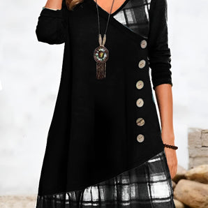Autumn Fashion V-Neck Black Plaid Tunic Dress with Button Detail in Schwarz1, size 3XL, featuring long sleeves, a v-neckline, and a tartan pattern.