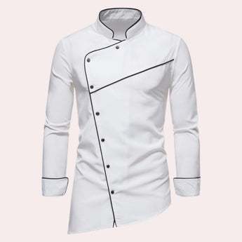 Avant-Garde Black Asymmetric Slim Fit Men's Shirt, featuring a unique design with an asymmetric cut, long sleeves, and tailored fit, suitable for formal or casual occasions.