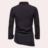 Black asymmetric slim fit men's shirt displayed on a mannequin with long sleeves, showcasing a modern avant-garde design with unique tailoring and stylish fit.