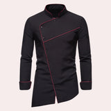 Black asymmetric slim fit men's shirt in XL size, featuring a unique avant-garde design with long sleeves and a tailored silhouette.