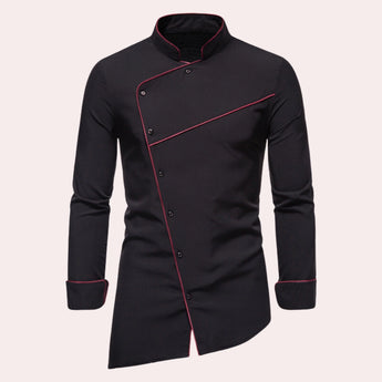 Black asymmetric slim fit men's shirt in XL size, featuring a unique avant-garde design with long sleeves and a tailored silhouette.
