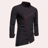 Avant-garde black asymmetric slim fit men's shirt with a unique design featuring an irregular hem and sleek collar, suitable for modern fashion-forward looks.