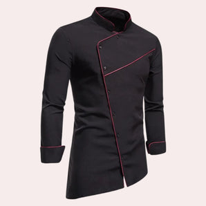 Avant-garde black asymmetric slim fit men's shirt with a unique design featuring an irregular hem and sleek collar, suitable for modern fashion-forward looks.