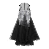 Avant-Garde Black Plaid Tulle Midi Dress featuring a distinctive plaid pattern, sleeveless design, and a fitted waist, positioned as an edgy fashion statement in formal wear.