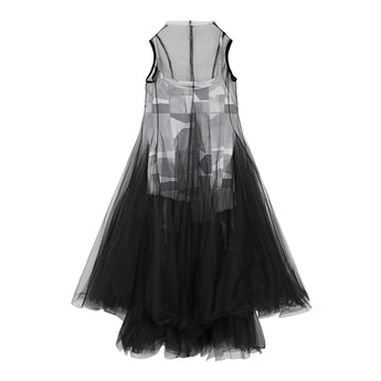 Avant-Garde Black Plaid Tulle Midi Dress featuring a distinctive plaid pattern, sleeveless design, and a fitted waist, positioned as an edgy fashion statement in formal wear.