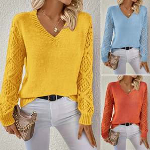 Avencea V-Neck Knit Sweater with Openwork Sleeve Design