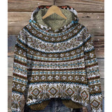 Aztec Pattern Cowl Neck Hoodie in Brown, featuring a tribal design with a warm, woolen texture and long sleeves, size 3XL.