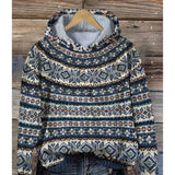 Aztec Pattern Cowl Neck Hoodie in blue, featuring a warm winter tribal design, displayed on a clothes hanger. The hoodie has long sleeves and a cowl neck, with a prominent Aztec pattern in shades of grey and blue. The garment is size 3XL.