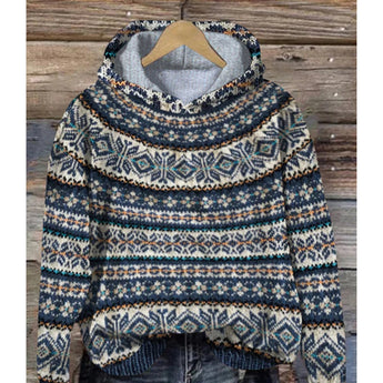 Aztec Pattern Cowl Neck Hoodie in blue, featuring a warm winter tribal design, displayed on a clothes hanger. The hoodie has long sleeves and a cowl neck, with a prominent Aztec pattern in shades of grey and blue. The garment is size 3XL.