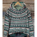 Aztec Pattern Cowl Neck Hoodie in green, featuring a warm winter tribal design with a cowl neck collar, long sleeves, and intricate patterns. The hoodie, sized 3XL, combines shades of green and grey for a stylish and cozy outerwear option.