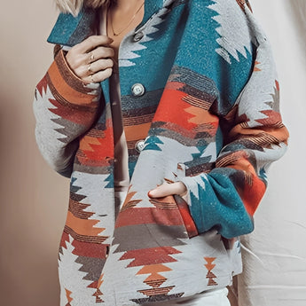 Blue Aztec pattern southwestern print sweater in 2XL size, showcasing bohemian knit style with white geometric designs, featuring long sleeves, a round neck, and a relaxed fit.
