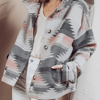 Aztec Pattern Southwestern Print Sweater in Gray, 2XL size, featuring detailed bohemian knit design with a relaxed fit and long sleeves.