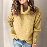 Yellow balloon sleeve turtleneck sweater in size 3XL for women, featuring a chic knit design with a high collar and stylish shoulders.