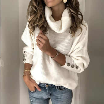 Baby blue balloon sleeve turtleneck sweater for women, styled with a chic knit design, shown in a 3XL size. The sweater is paired with jeans, highlighting the fashion-forward outerwear piece.