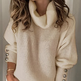 
A woman wearing a khaki 3XL baby blue balloon sleeve turtleneck sweater, showcasing the chic knit design.