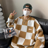 Balenciaga Men's Luxury Striped Wool Crewneck Sweater in brown, size 2XL, featuring a stylish striped design with long sleeves, shown on a model indoors.