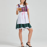 Bavarian Oktoberfest women's green and purple dirndl dress with short sleeves, featuring a fitted bodice and flared skirt. The model is wearing the dress in a vibrant purple color, size XL, accessorized with traditional footwear.