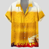 Men's Beer Print Party Shirt in yellow, featuring a dress shirt style with a collar and short sleeves, displayed on a clothes hanger. Suitable for summer, with an alcohol-themed design, available in XL size.