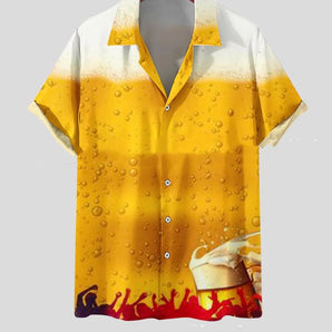 Men's Beer Print Party Shirt in yellow, featuring a dress shirt style with a collar and short sleeves, displayed on a clothes hanger. Suitable for summer, with an alcohol-themed design, available in XL size.