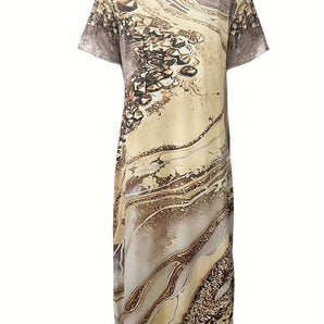 Beige abstract print short sleeve tunic dress featuring a round neckline and a relaxed fit, ideal for summer fashion.