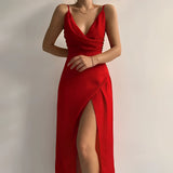 A woman wearing a red sheath dress with adjustable straps and a zipper, styled with a sleeveless design, suitable for both casual and formal summer occasions.
