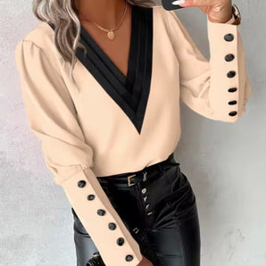 Beige Black Contrast Deep V-Neck Blouse, Button Sleeve Top