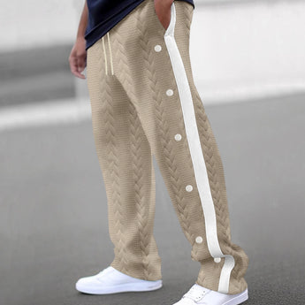 Beige chevron textured elastic waist sweatpants in khaki color, shown from the waist down, highlighting the comfortable and relaxed fit designed for lounging.