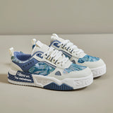 Beige chunky breathable mesh sneakers with anti-slip soles, featuring blue accents, designed for athletic training and walking.