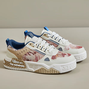 Beige chunky breathable mesh sneakers featuring a red accent, designed as anti-slip athletic trainers suitable for cross-training and walking.