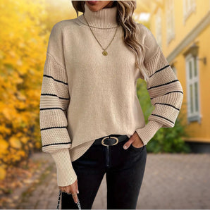 Beige Chunky Knit Turtleneck Sweater - Women's Cozy Fall Fashion